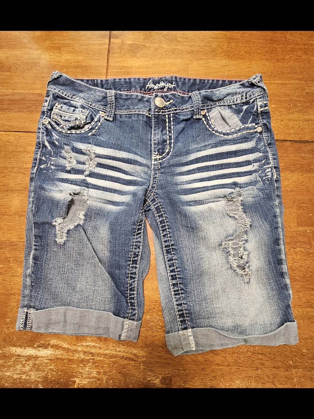 Amethyst Blue Distressed Rolled Cuff Denim Bermuda Shorts